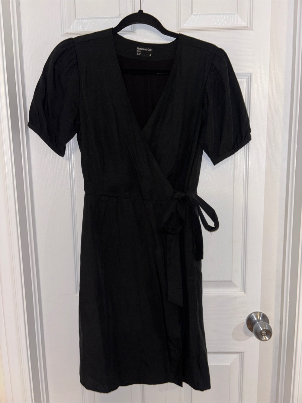 Frank & Oak Black Wrap Mini Dress with Puff Sleeves